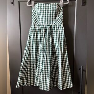 J. Crew Green and White Gingham Strapless Dress